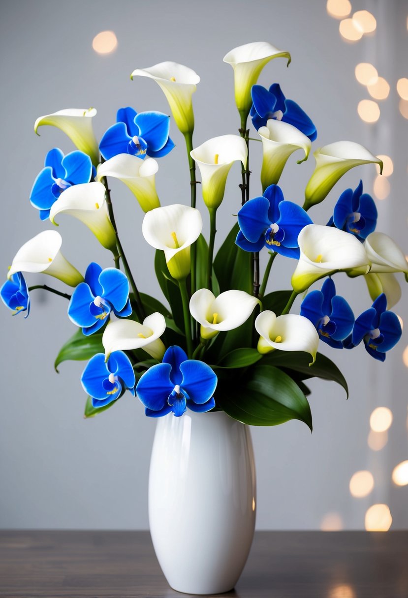 A bouquet of white calla lilies and blue orchids arranged in a white vase