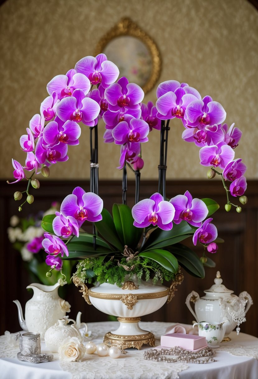 A grand display of vibrant Victorian orchids arranged in an ornate vase, surrounded by delicate lace and vintage wedding accessories