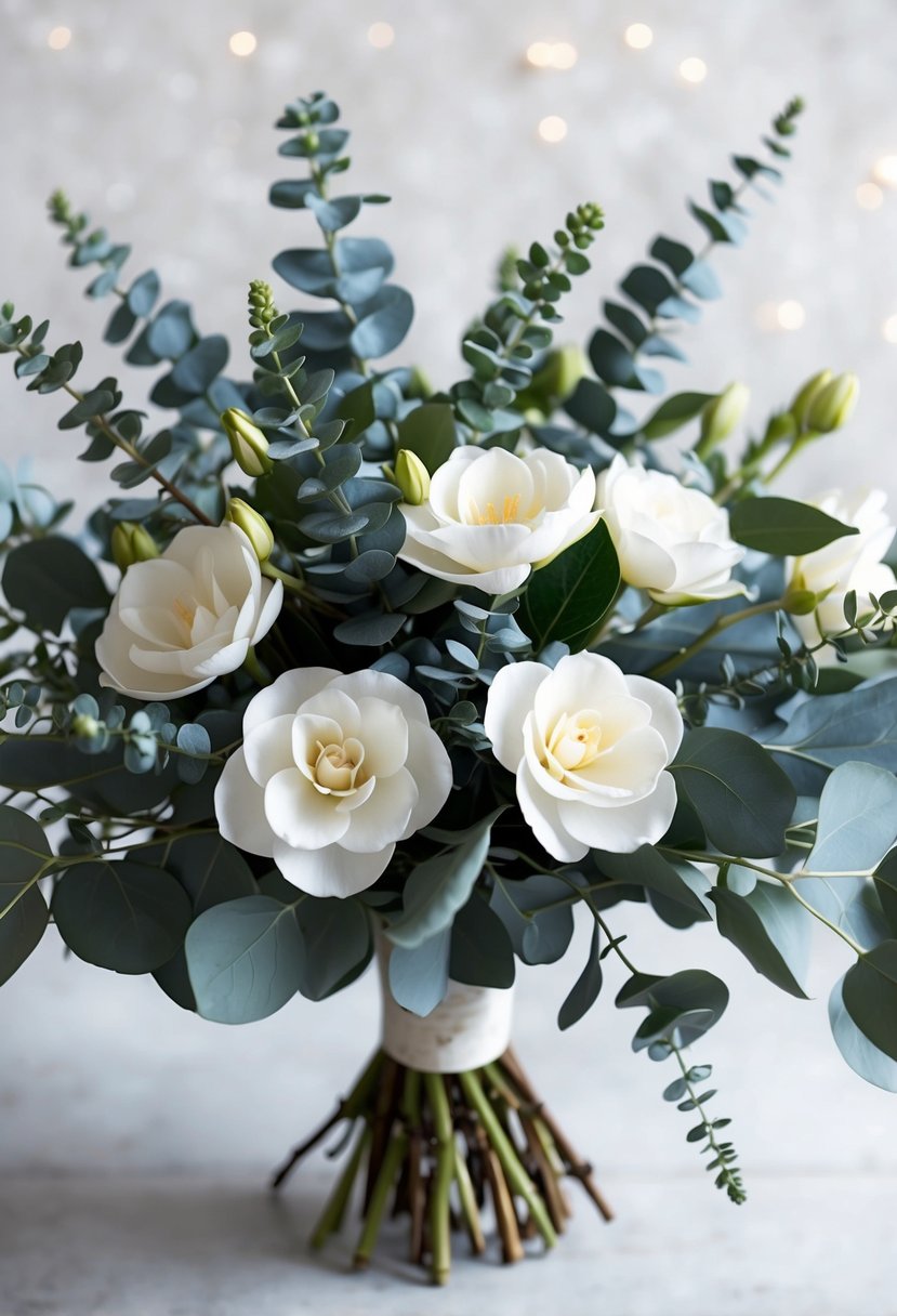 A bouquet of dusty blue eucalyptus and white gardenias arranged in a delicate and elegant manner