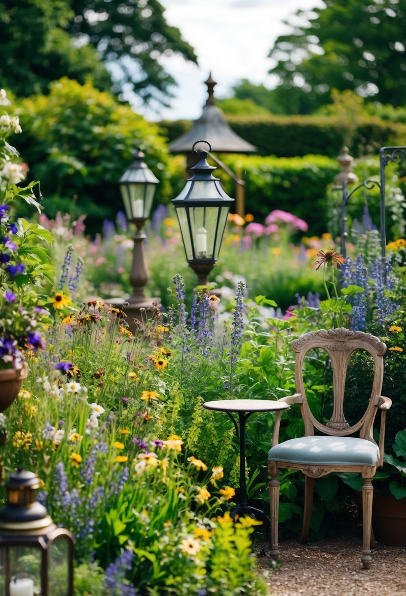 A lush Victorian garden with rustic touches, featuring an array of wildflowers and greenery, surrounded by vintage wooden furniture and antique lanterns