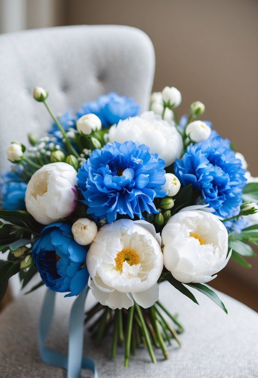 A delicate bouquet of cornflower blue lisianthus and white peonies, arranged in a loose and romantic style