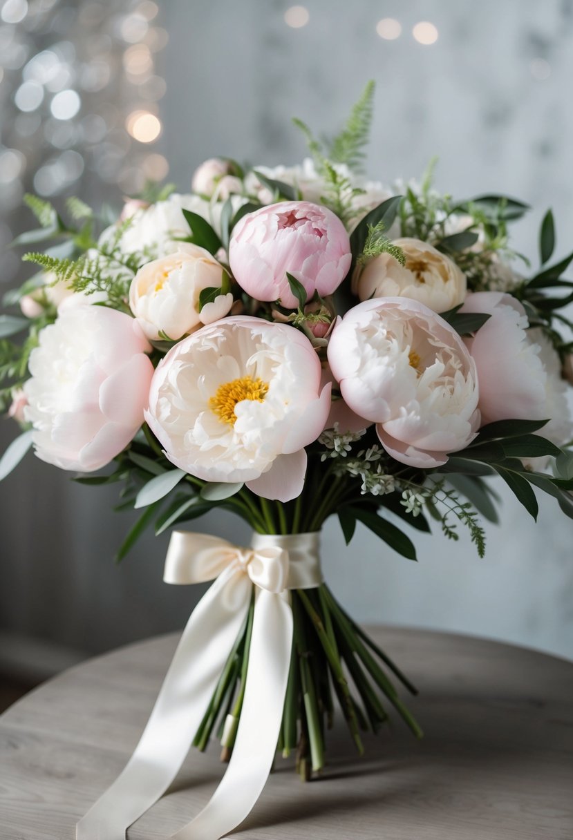 A lush bouquet of soft pastel peonies, accented with delicate greenery, tied with a satin ribbon