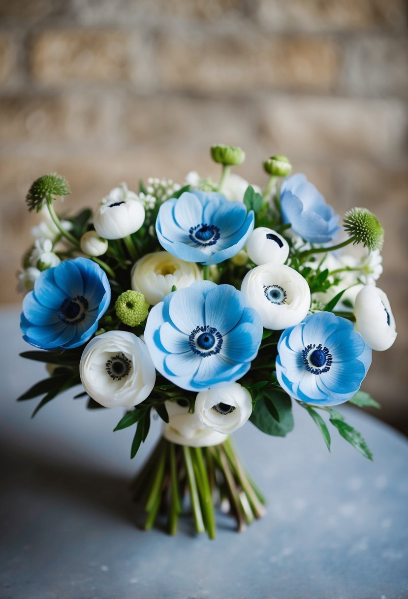 A delicate bouquet of blue anemones and soft white ranunculus arranged in a stylish wedding arrangement