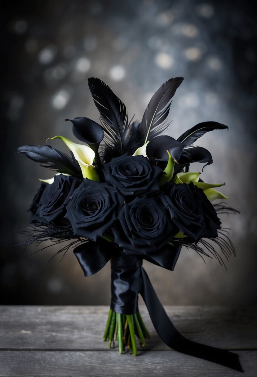 A black wedding bouquet with dark roses, calla lilies, and feathers, wrapped in black ribbon, set against a moody, gothic background