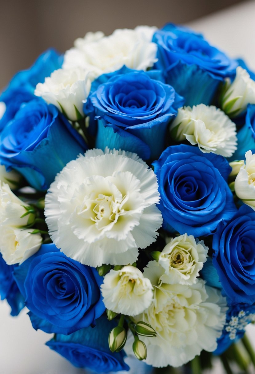 A bouquet of classic blue roses and white carnations arranged in a delicate and elegant wedding bouquet