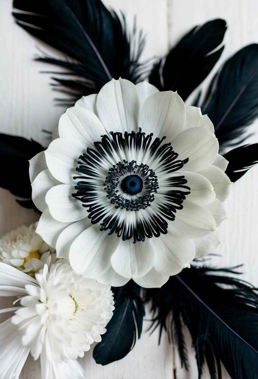 A black and white anemone surrounded by black feathers, with a wedding bouquet idea