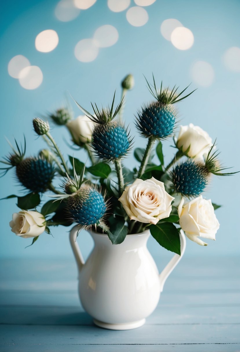 A delicate bouquet of blue thistles and ivory spray roses, arranged in a white vase against a soft blue background