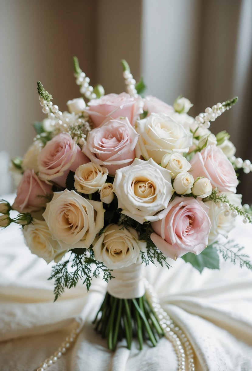 A lush bouquet of romantic roses intertwined with subtle pearls, evoking a Victorian era wedding ambiance