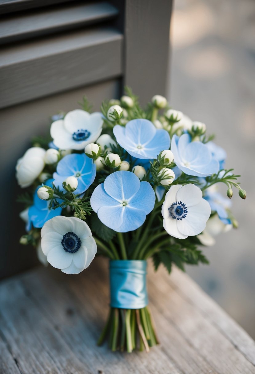 A delicate wedding bouquet with pale blue forget-me-nots and white anemones