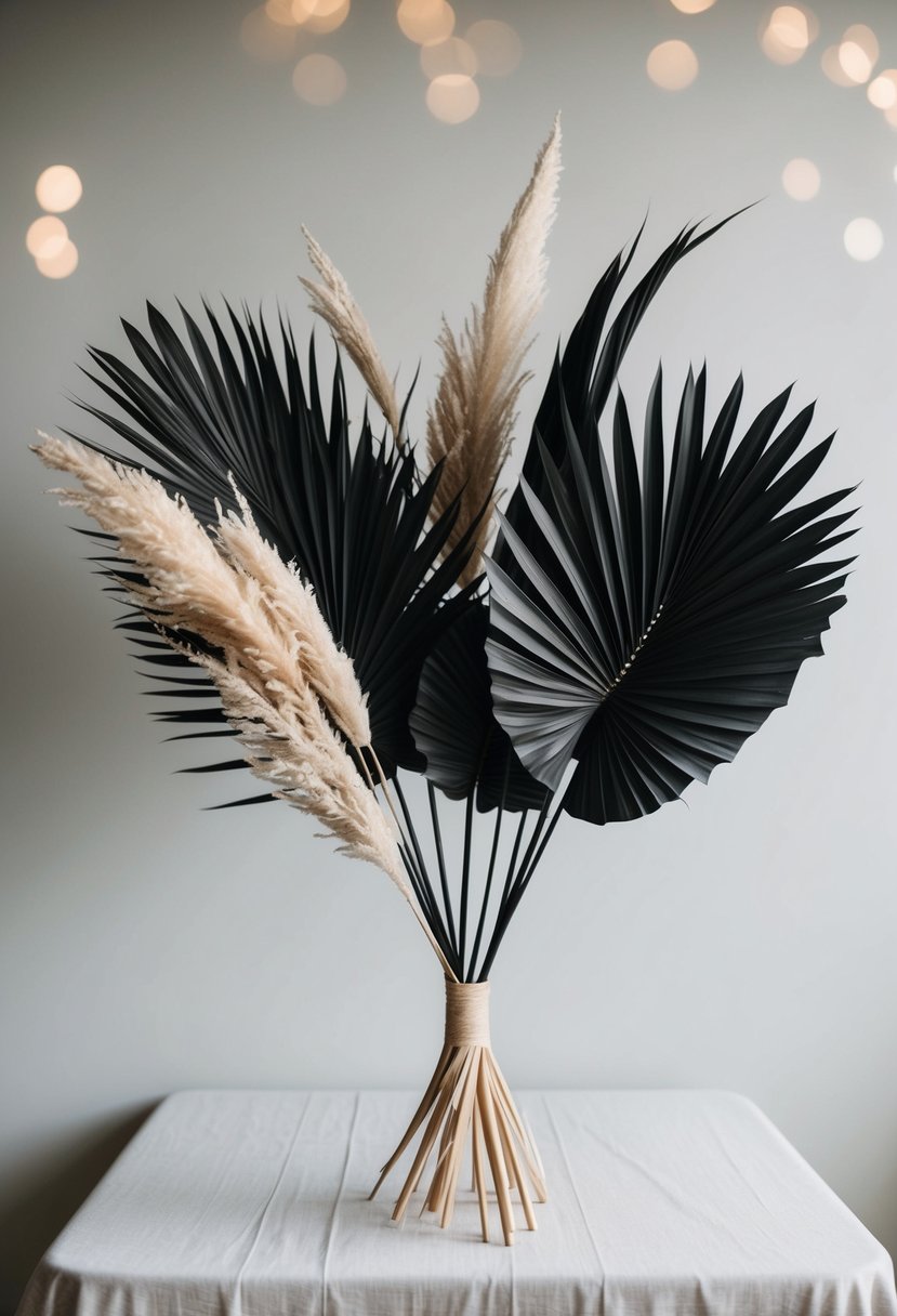 A bouquet of dried black palm leaves and pampas grass arranged in a striking, minimalist style