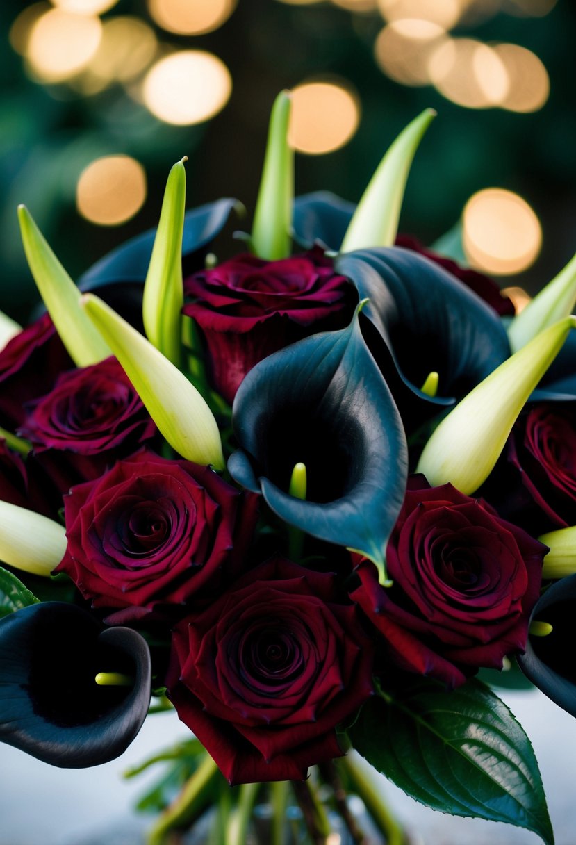 Burgundy roses and black calla lilies arranged in a moody wedding bouquet