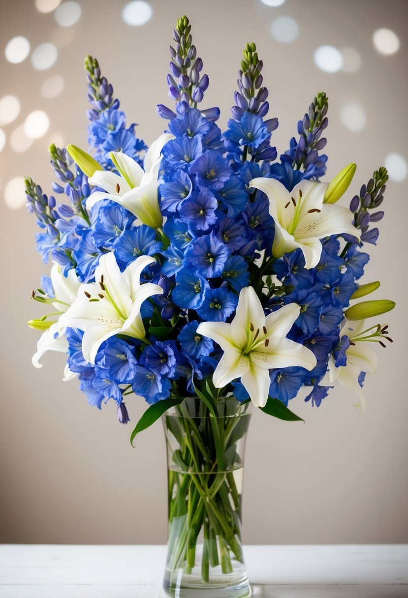 A delicate bouquet of blue delphiniums and white lilies arranged in a tall glass vase, set against a soft, neutral background