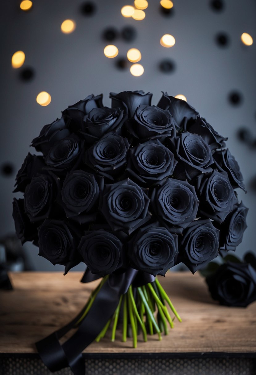 A bouquet of midnight black silk roses arranged in a timeless and elegant manner, perfect for a black wedding theme