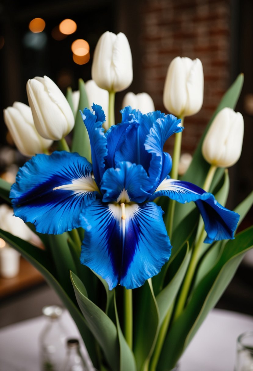 A royal blue iris and pure white tulips arranged in a wedding bouquet