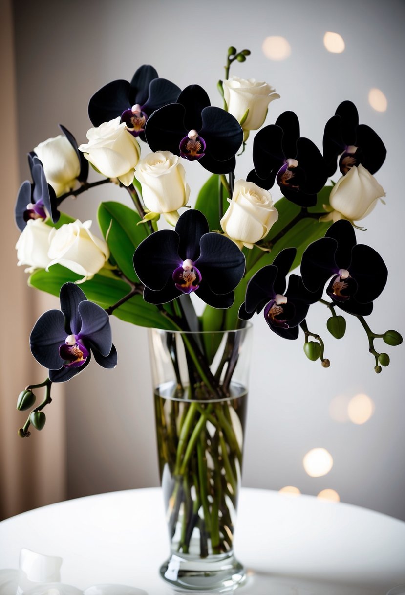 A bouquet of black orchids and white roses, arranged in a striking and elegant composition