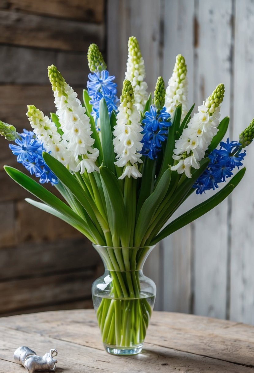 A sky blue hyacinth and white freesia bouquet arranged in a glass vase on a rustic wooden table