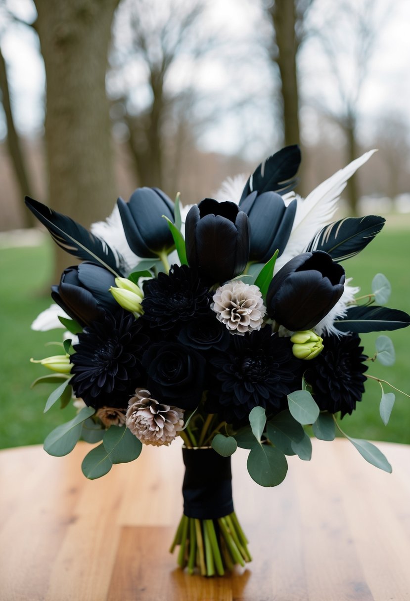 A black wedding bouquet with feather accents, black tulips, and dahlias