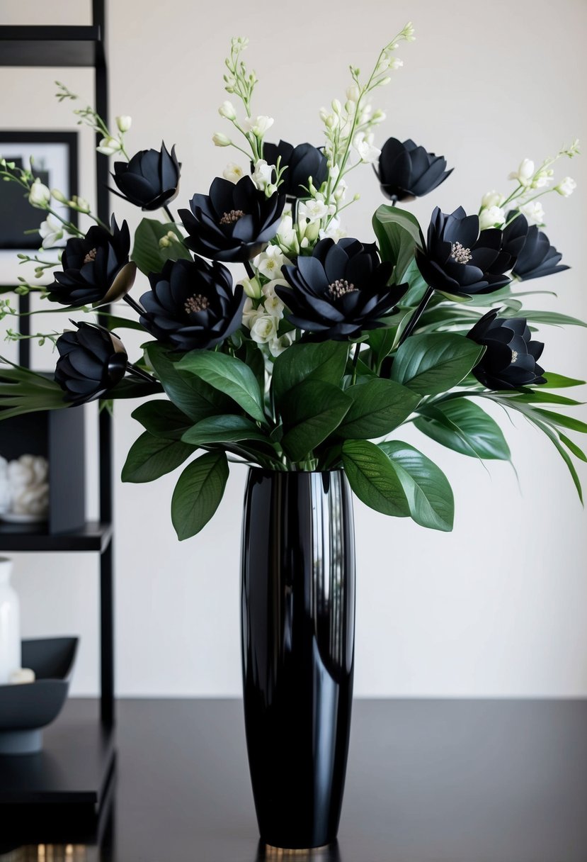 A sleek black vase holds an array of elegant artificial flowers, arranged in a sophisticated and modern style, perfect for a black-themed wedding bouquet