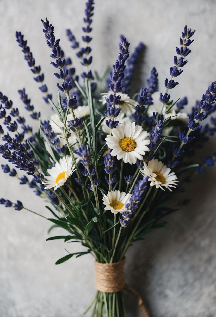 A delicate bouquet of blue lavender sprigs and white daisies arranged in a rustic, hand-tied style