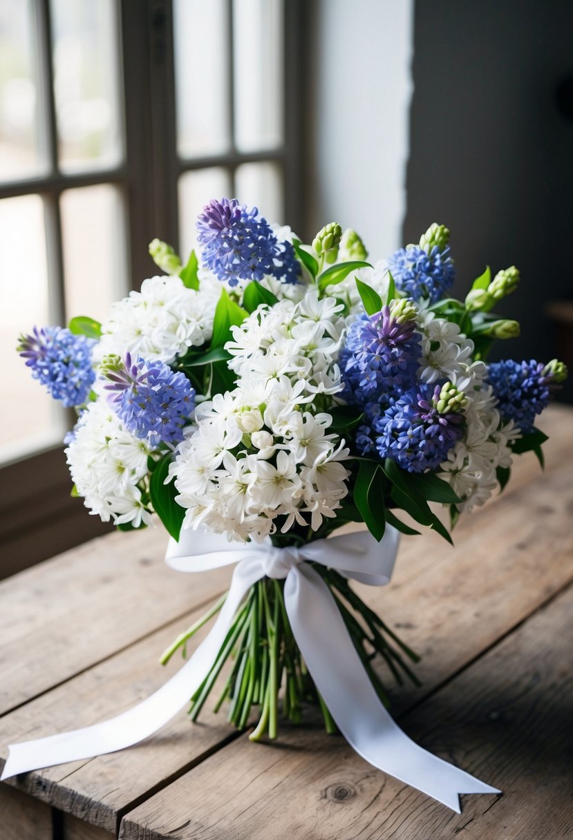 A delicate bouquet of white lilacs and blue cornflowers, tied with a white ribbon, sits on a rustic wooden table