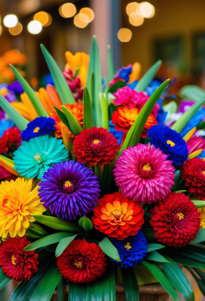 A colorful array of traditional Mexican flowers arranged in a vibrant bouquet