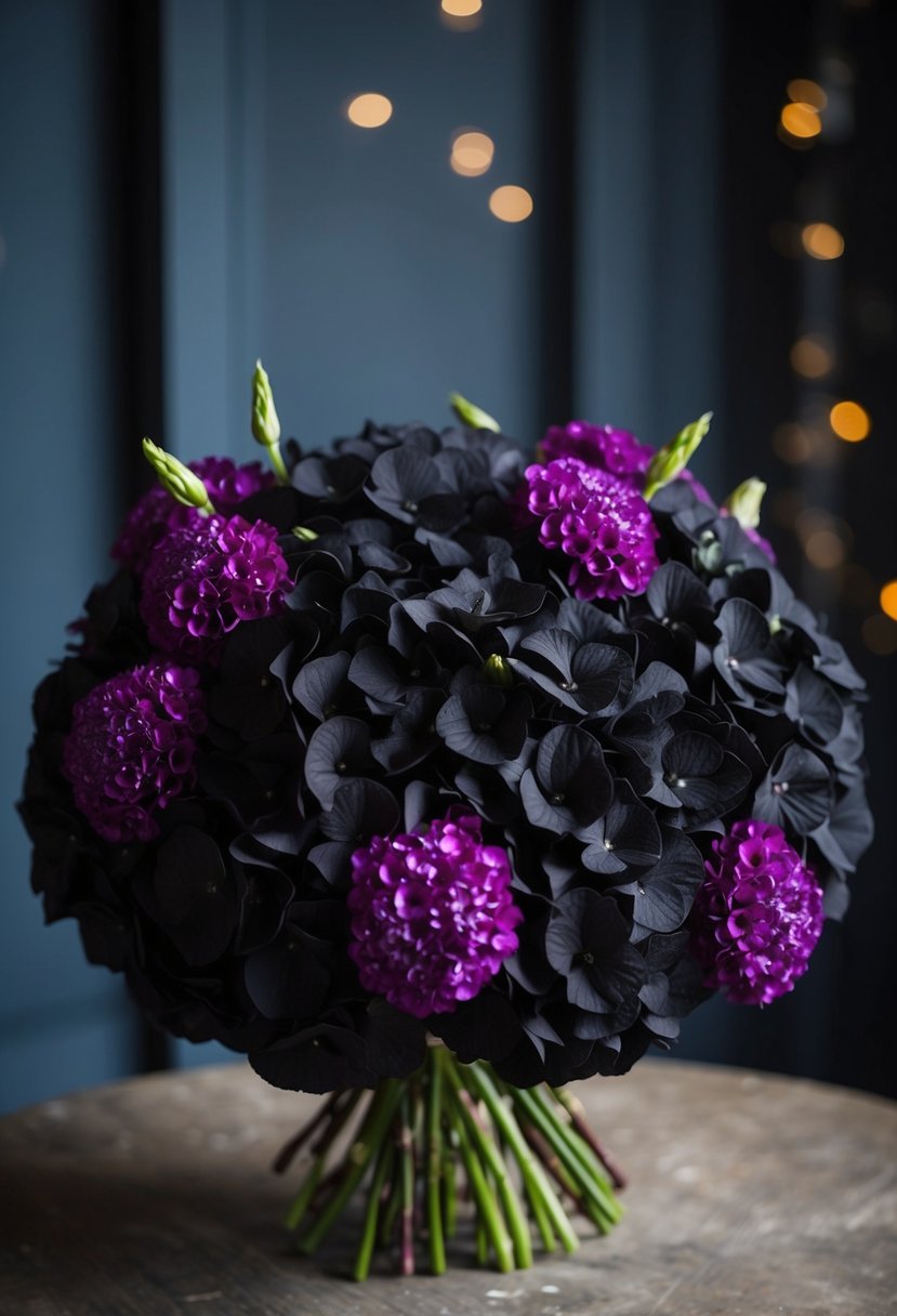 A bouquet of black hydrangeas and deep purple lisianthus arranged in a dramatic and elegant composition