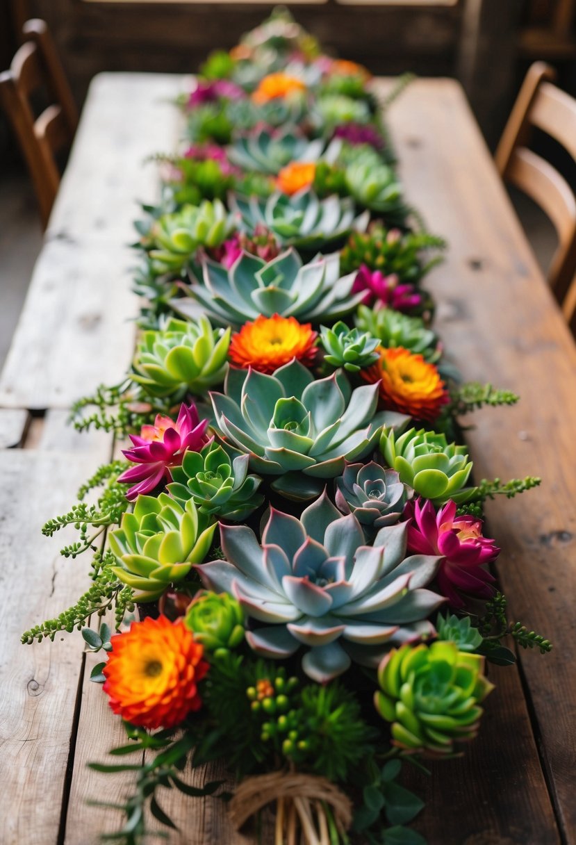 A rustic wooden table adorned with vibrant succulents arranged in a hacienda-style bouquet