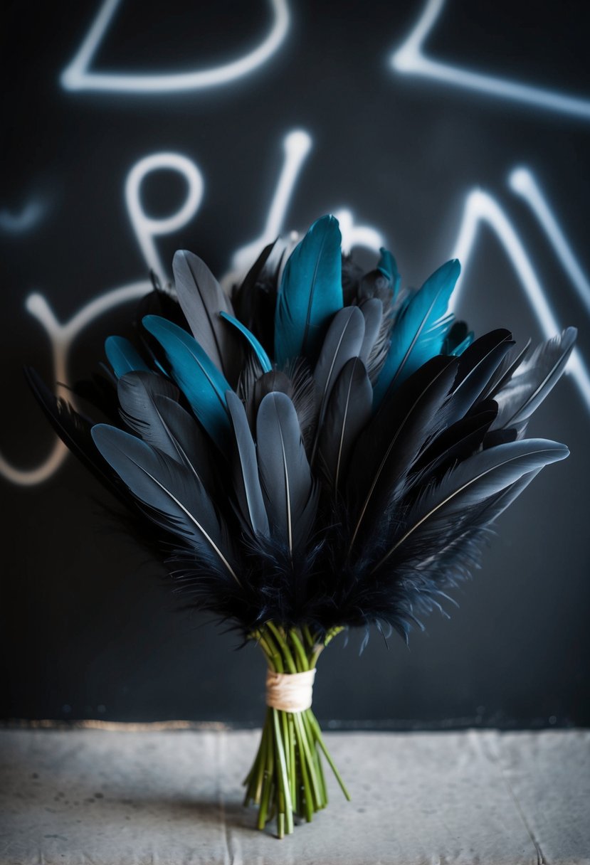 Black feathers arranged in a bouquet, contrasting with a spray-painted black background