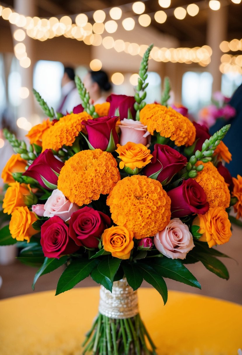 A vibrant bouquet of marigolds and roses, arranged in a traditional Mexican style for a wedding celebration