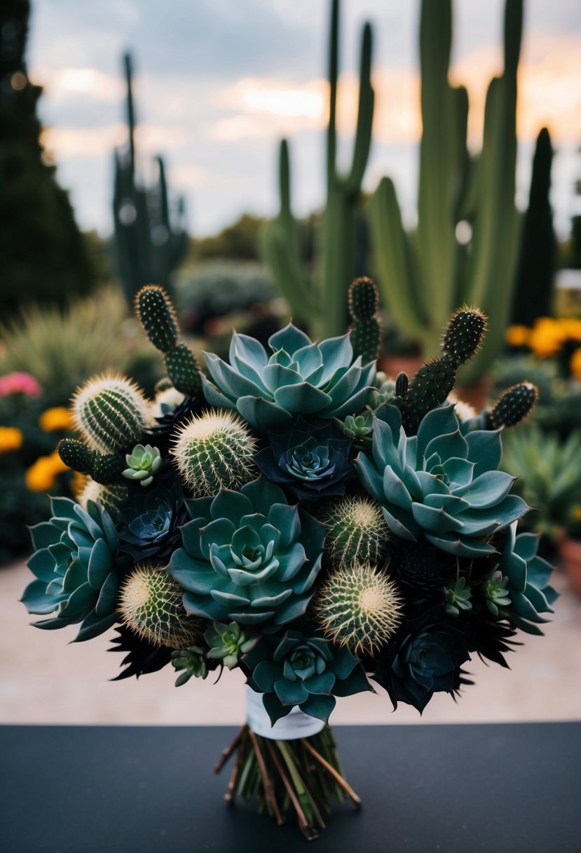 A bouquet of black succulents and cacti arranged in a gothic-inspired wedding theme