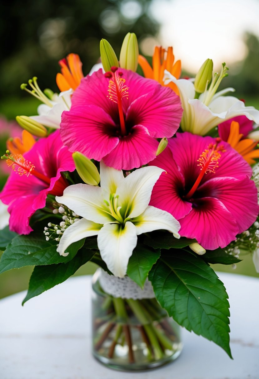 Vibrant hibiscus and delicate white lilies arranged in a colorful Mexican wedding bouquet