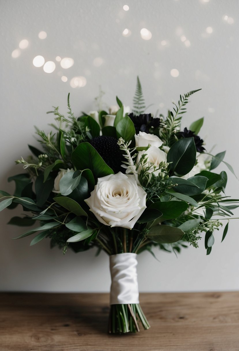 A black and white wedding bouquet with lush greenery and foliage