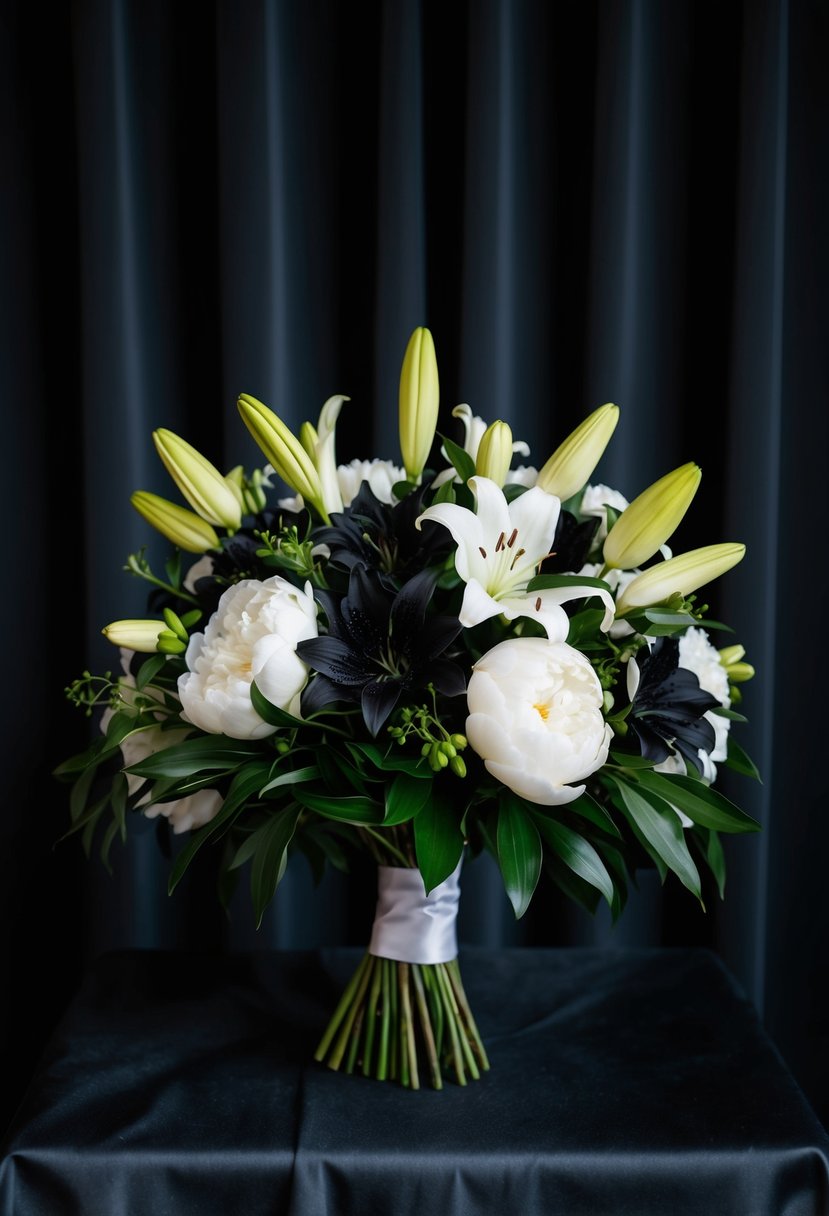 A black wedding bouquet with lilies and peonies, set against a dark and sultry backdrop