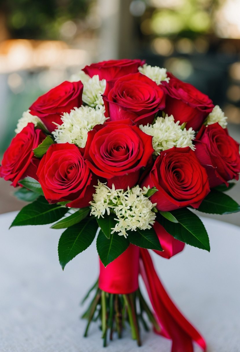 A traditional bouquet with red roses and jasmine, arranged in a Mexican wedding style