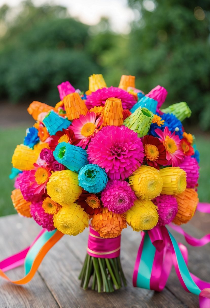 A colorful pinata-style bouquet with vibrant flowers and ribbons, perfect for a Mexican wedding celebration