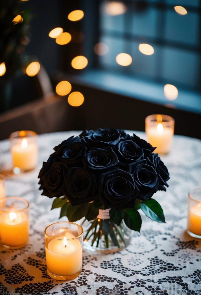 A vintage-inspired black silk rose bouquet sits on a lace tablecloth, surrounded by flickering candlelight