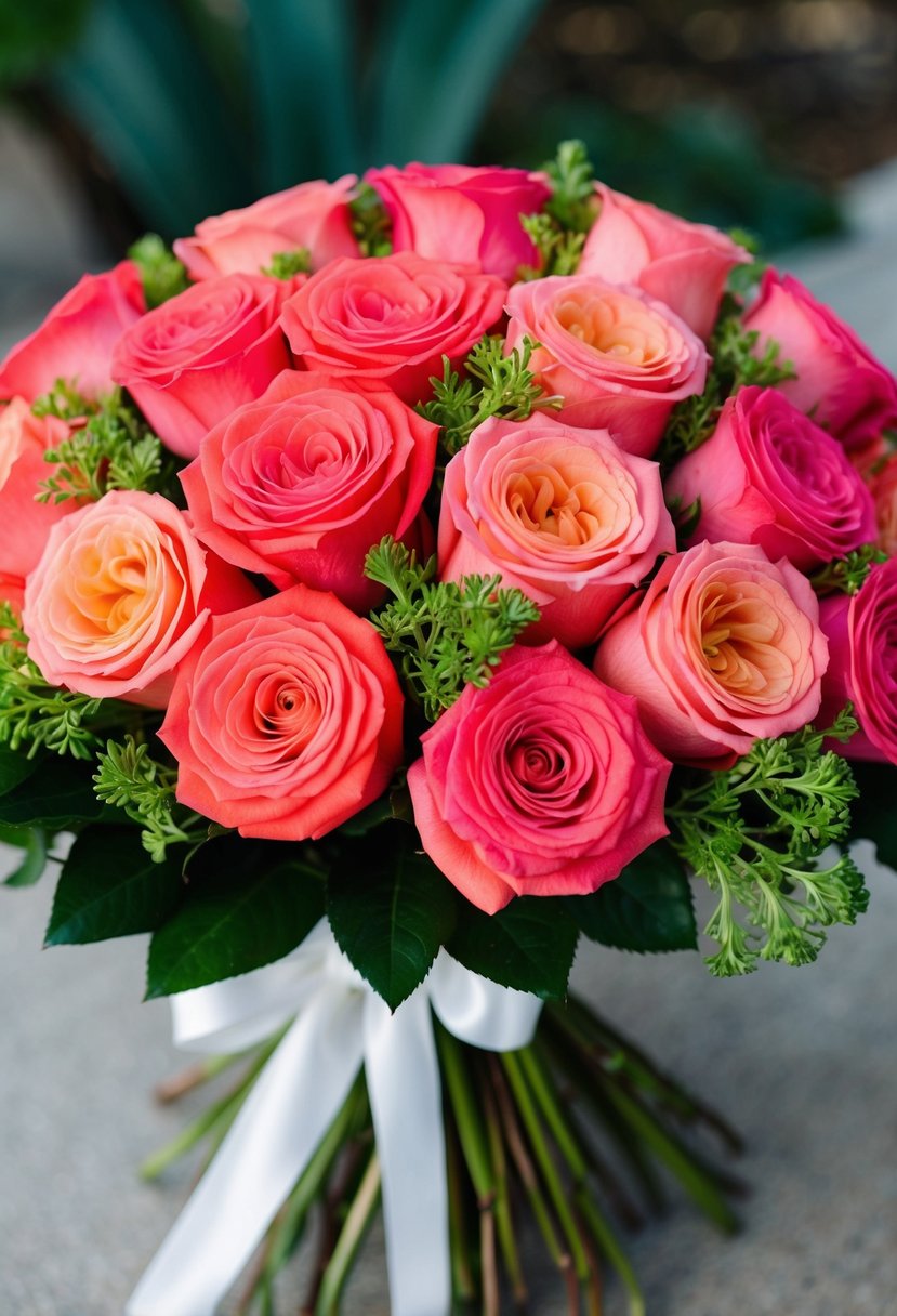 A vibrant bouquet of coral and watermelon roses, accented with greenery, tied with a ribbon