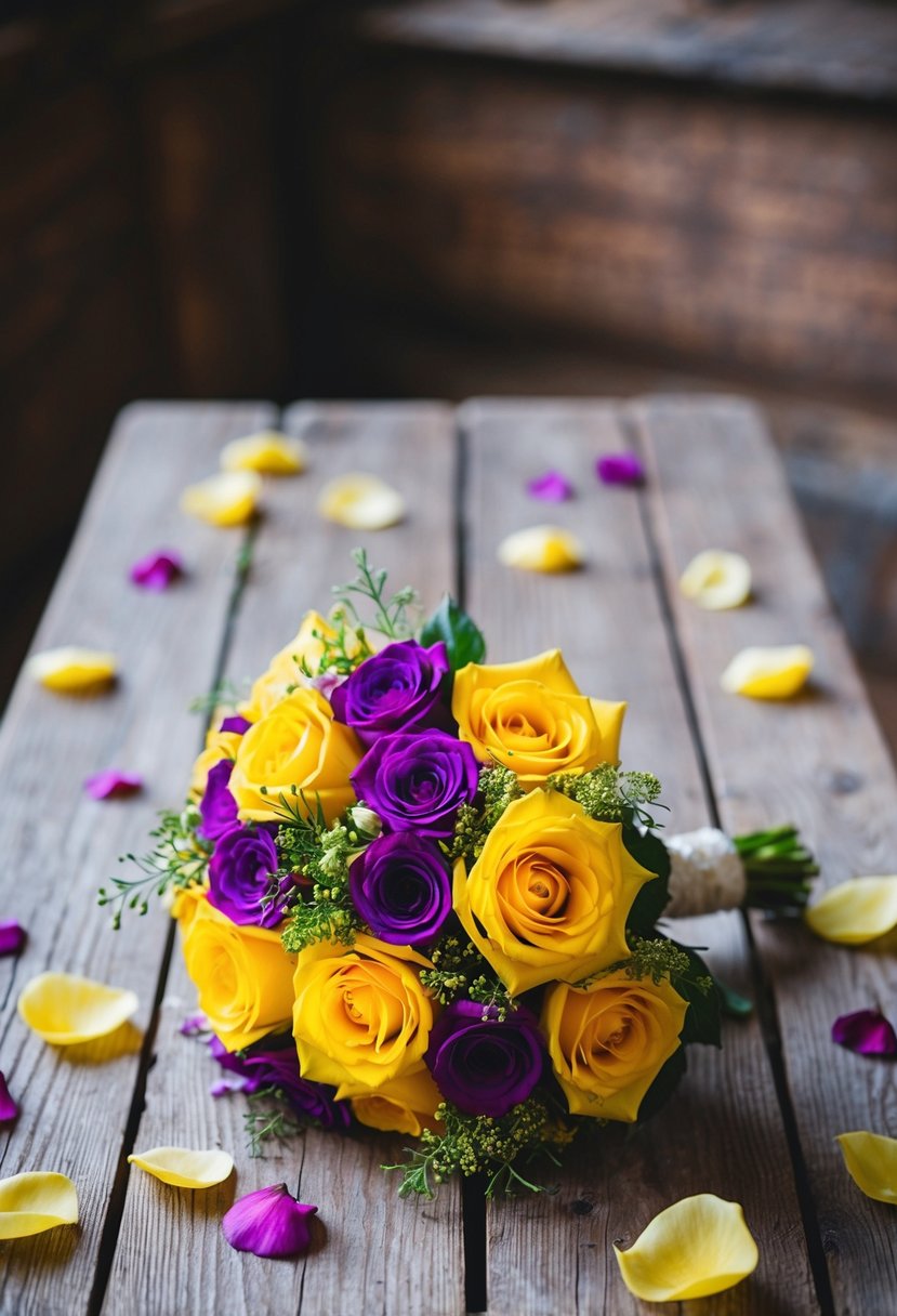 A yellow and purple wedding bouquet sits on a rustic wooden table, surrounded by scattered rose petals and delicate greenery