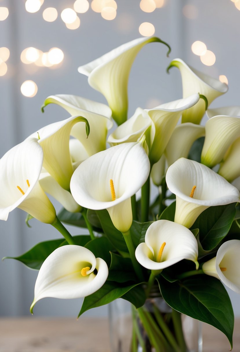 A delicate bouquet of white calla lilies and gardenias arranged in a graceful and elegant manner