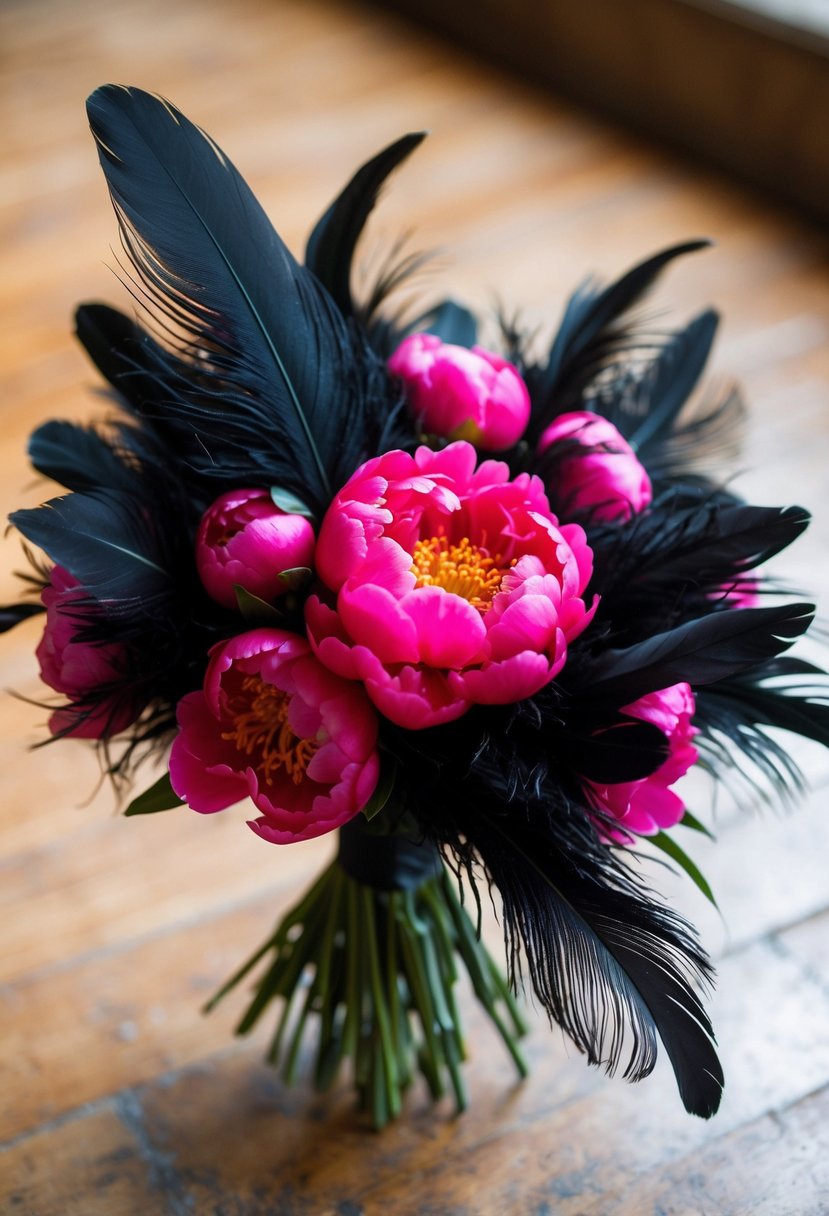 A black feather bouquet adorned with vibrant hot pink peonies