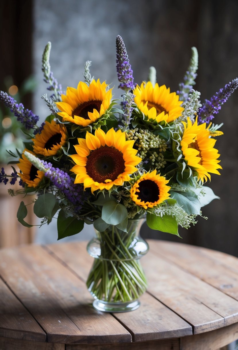 A vibrant bouquet of sunflowers and lavender, intertwined with delicate greenery, sits in a glass vase on a rustic wooden table