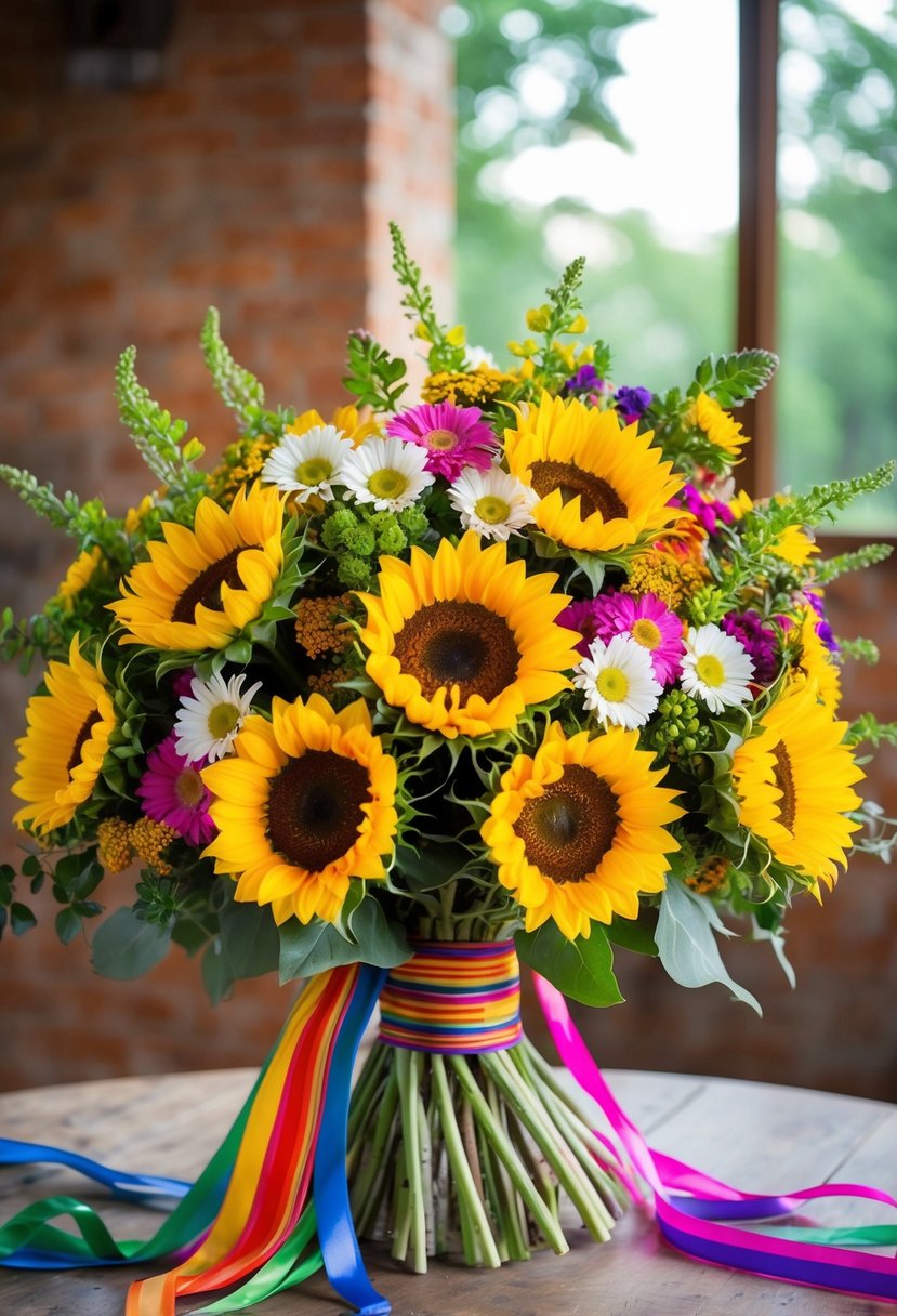 A vibrant bouquet of sunflowers and daisies arranged in a rustic Mexican style, with colorful ribbons and greenery