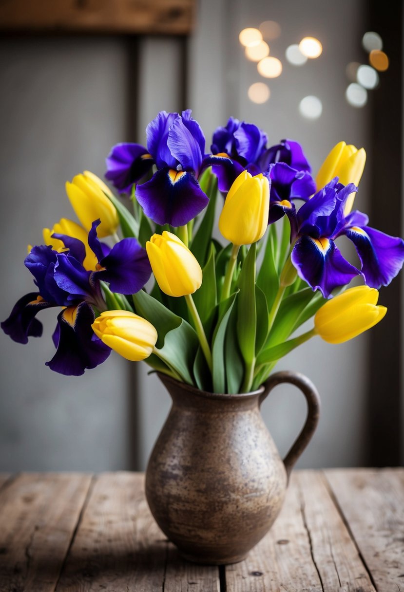 A vibrant bouquet of purple irises and yellow tulips arranged in a rustic vase