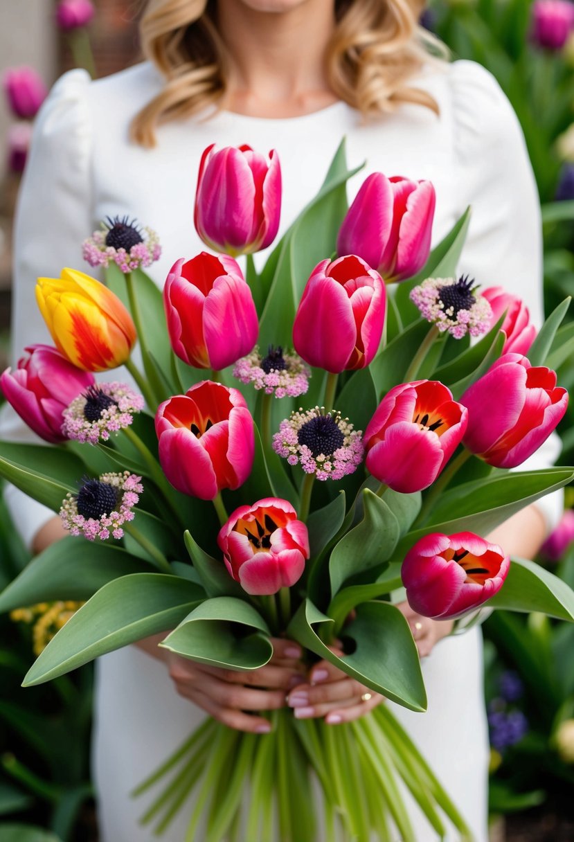 A bouquet of vibrant tulips and scabiosa arranged in a romantic design