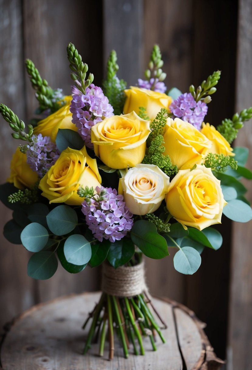 A bouquet of yellow roses and lilacs arranged in a rustic, hand-tied style with greenery accents