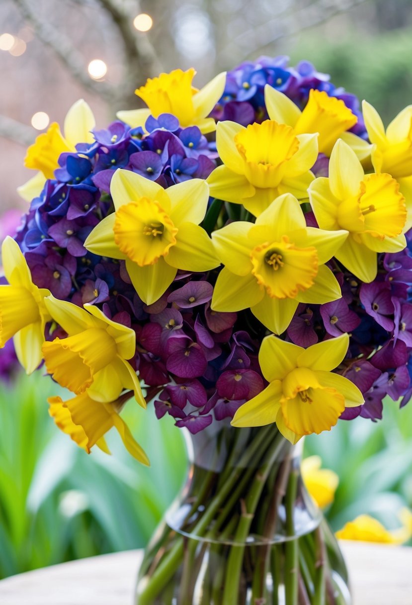 A vibrant bouquet of yellow daffodils and purple hydrangeas