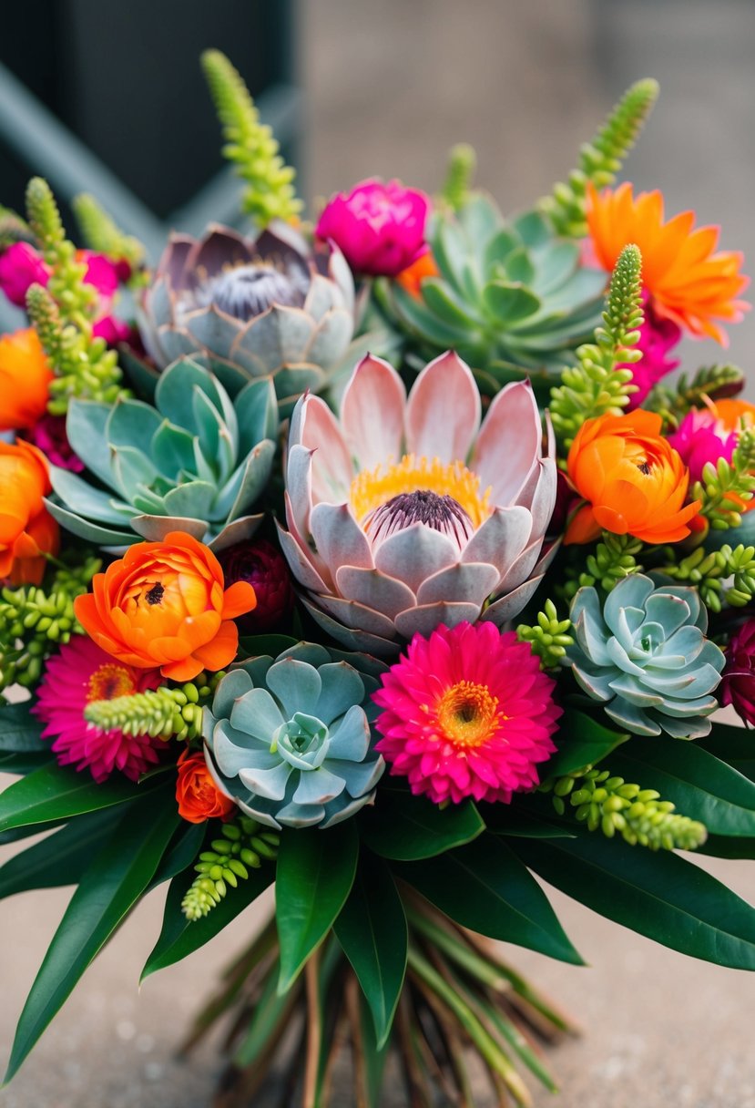 A vibrant bouquet of protea, succulents, and bright flowers in a modern, Mexican-inspired arrangement