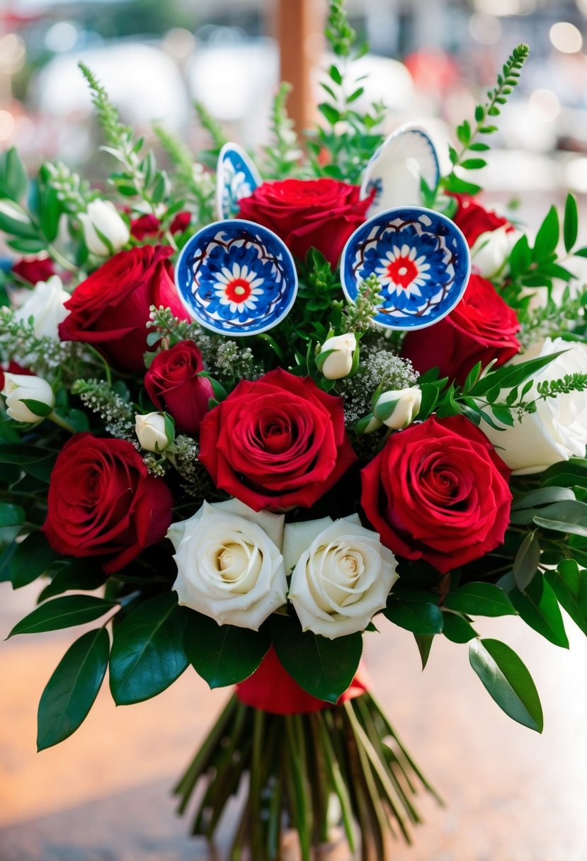 A vibrant bouquet of white azucenas, red roses, and greenery arranged in a traditional Mexican style