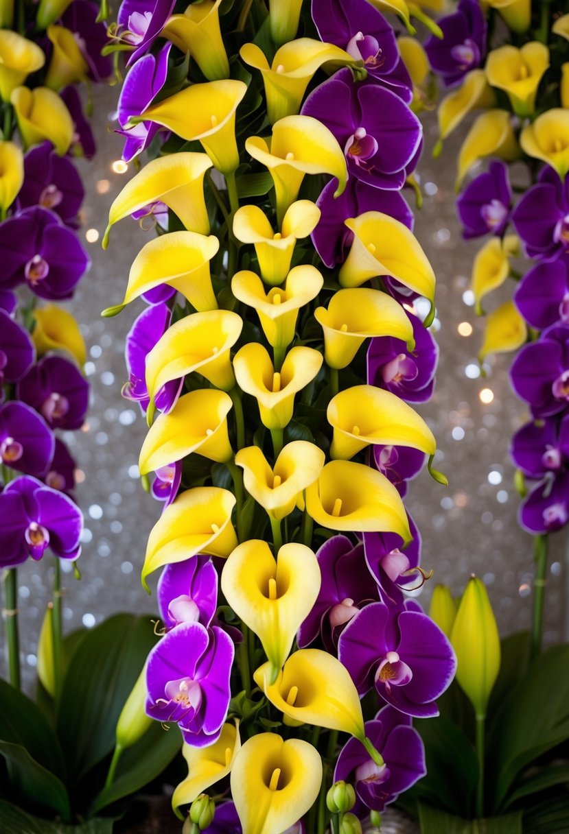 A vibrant bouquet of yellow calla lilies and purple orchids arranged in a cascading design