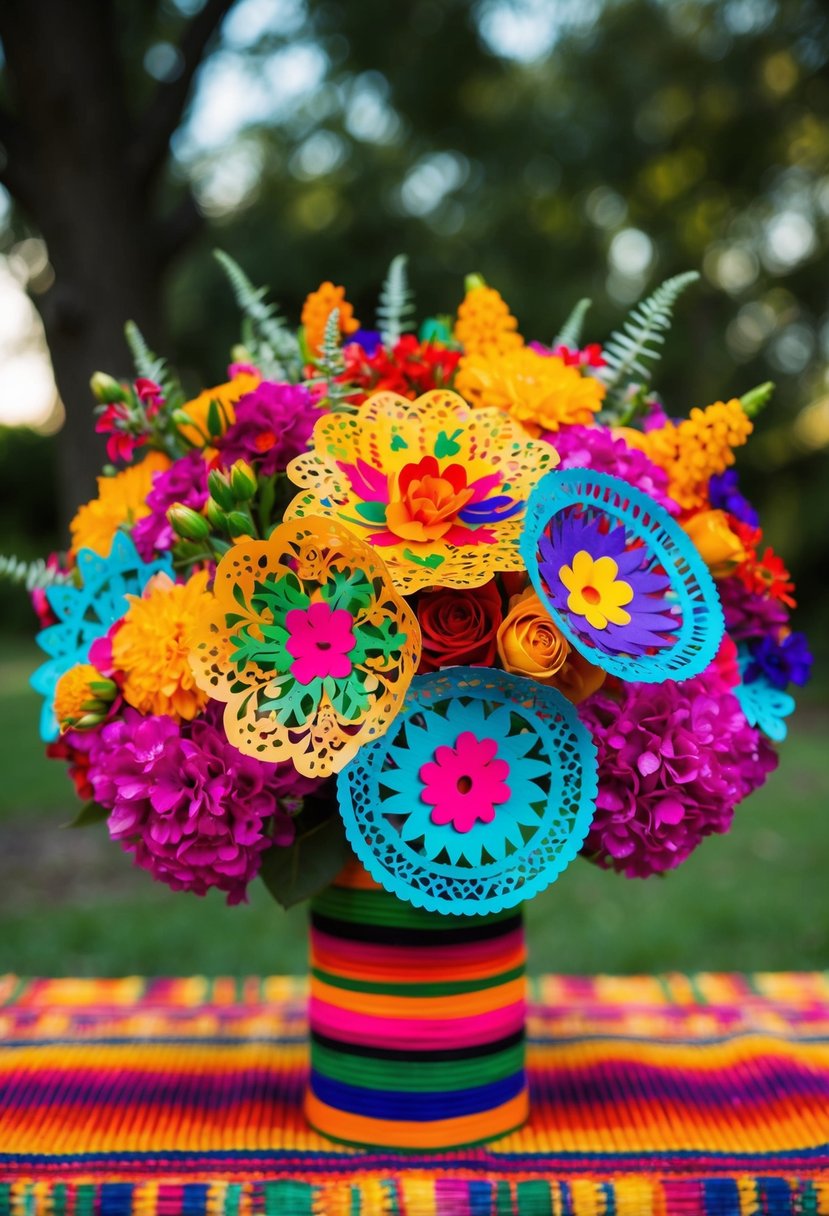 A colorful papel picado-inspired bouquet with vibrant flowers and intricate cut-out designs, arranged in a traditional Mexican style